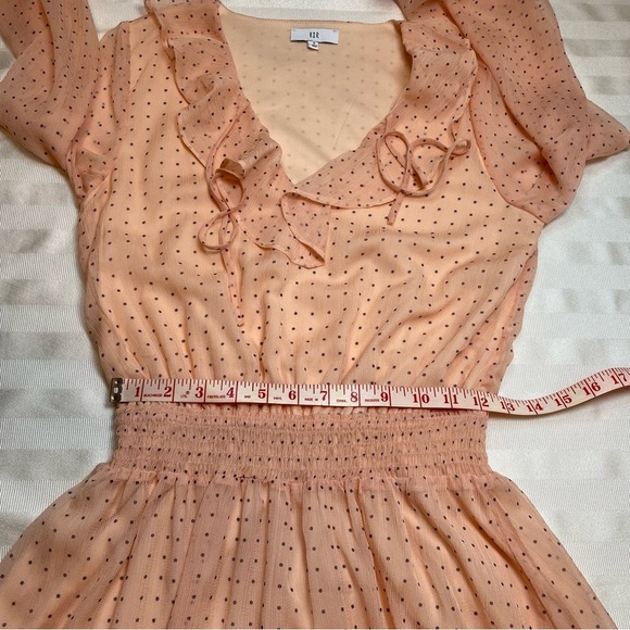 NSR Peach and Black Polka-Dot Dress Sz S Sheer Ruffled V-Neck Elastic Waist - Picture 6 of 11
